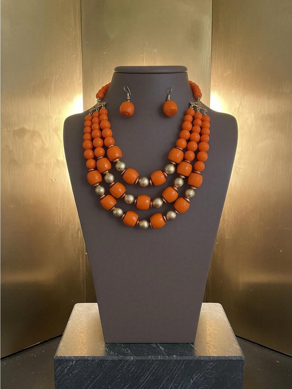 Orange Multi-Strand Bead Necklace with Matching Earrings
